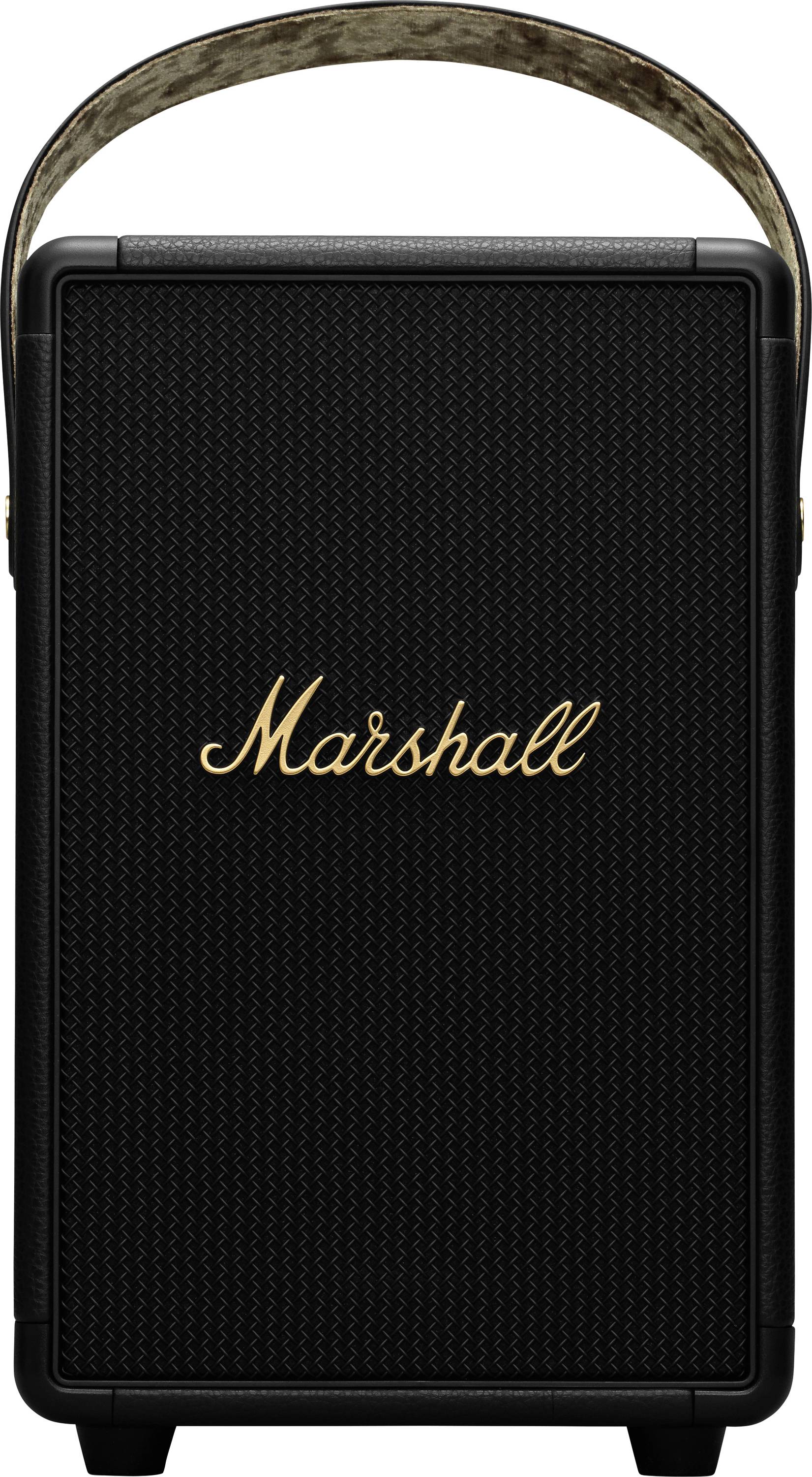 Transportabel højtaler fra Marshall. Sort med brun bærehåndtag og guldfarvet mærkelogo. Rektangulær, vertikal design.