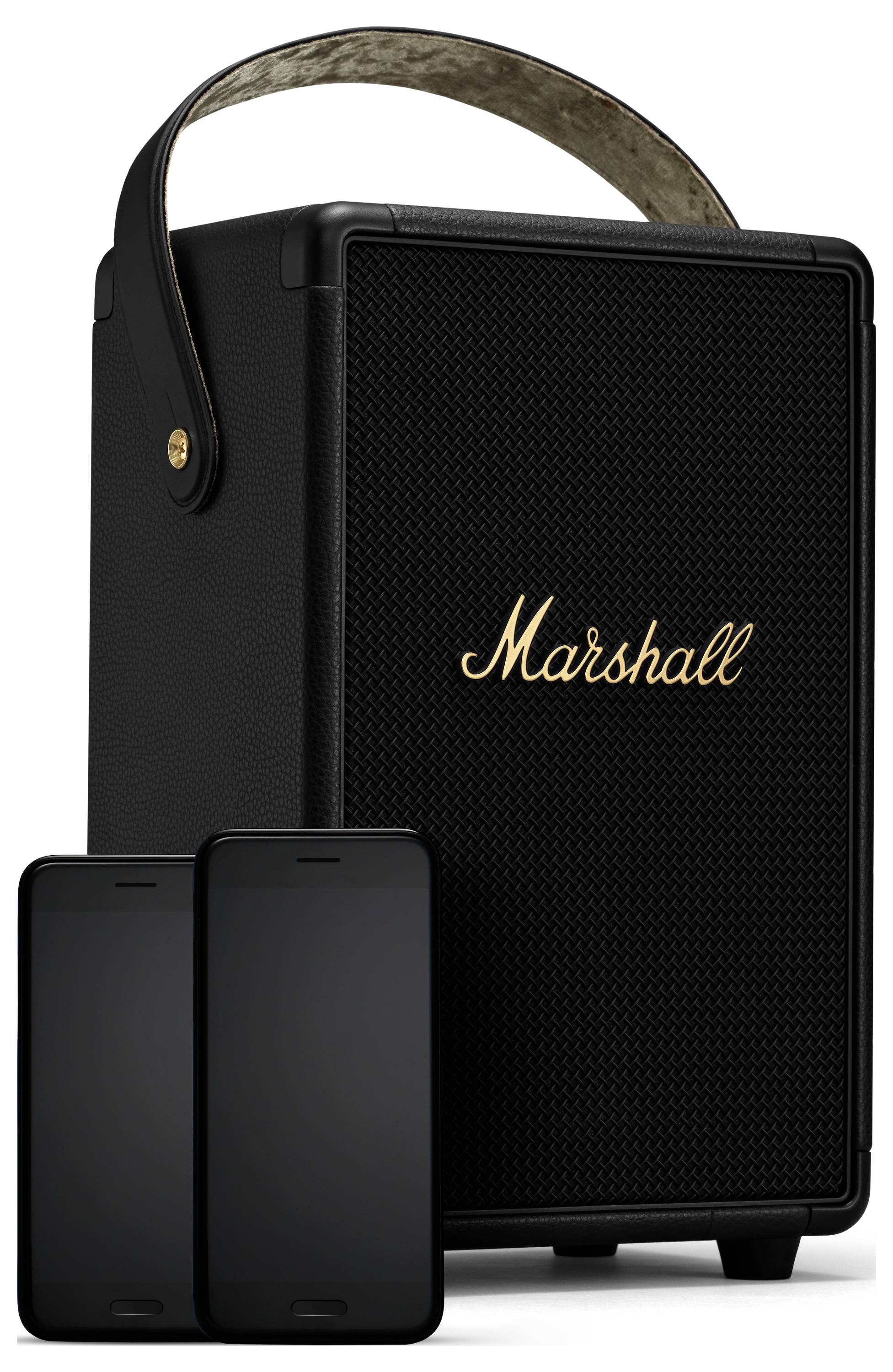 Sort Marshall-højtaler med gylden skrift. To sorte smartphones er placeret foran den, som om de var forbundne.