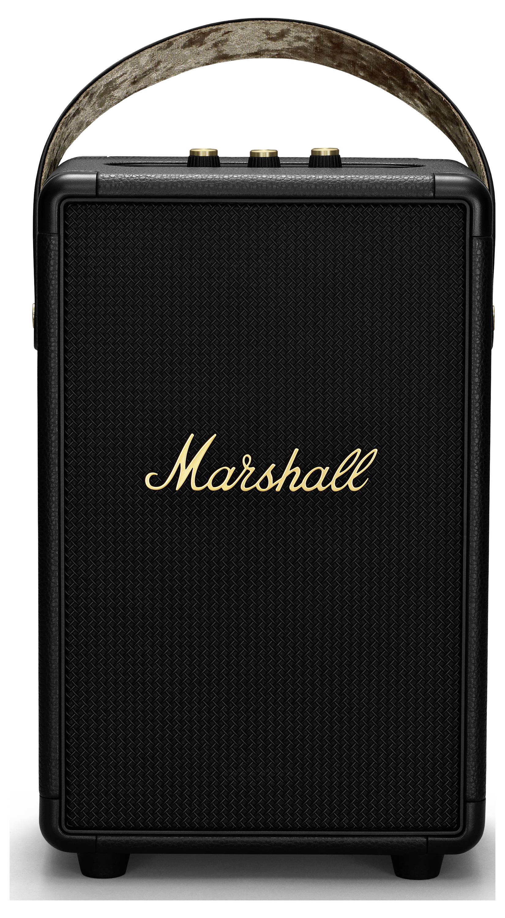 Sort bærbar højtaler med lædergreb, guldfarvet 'Marshall'-skrift på forsiden, klar lyd, elegant design.