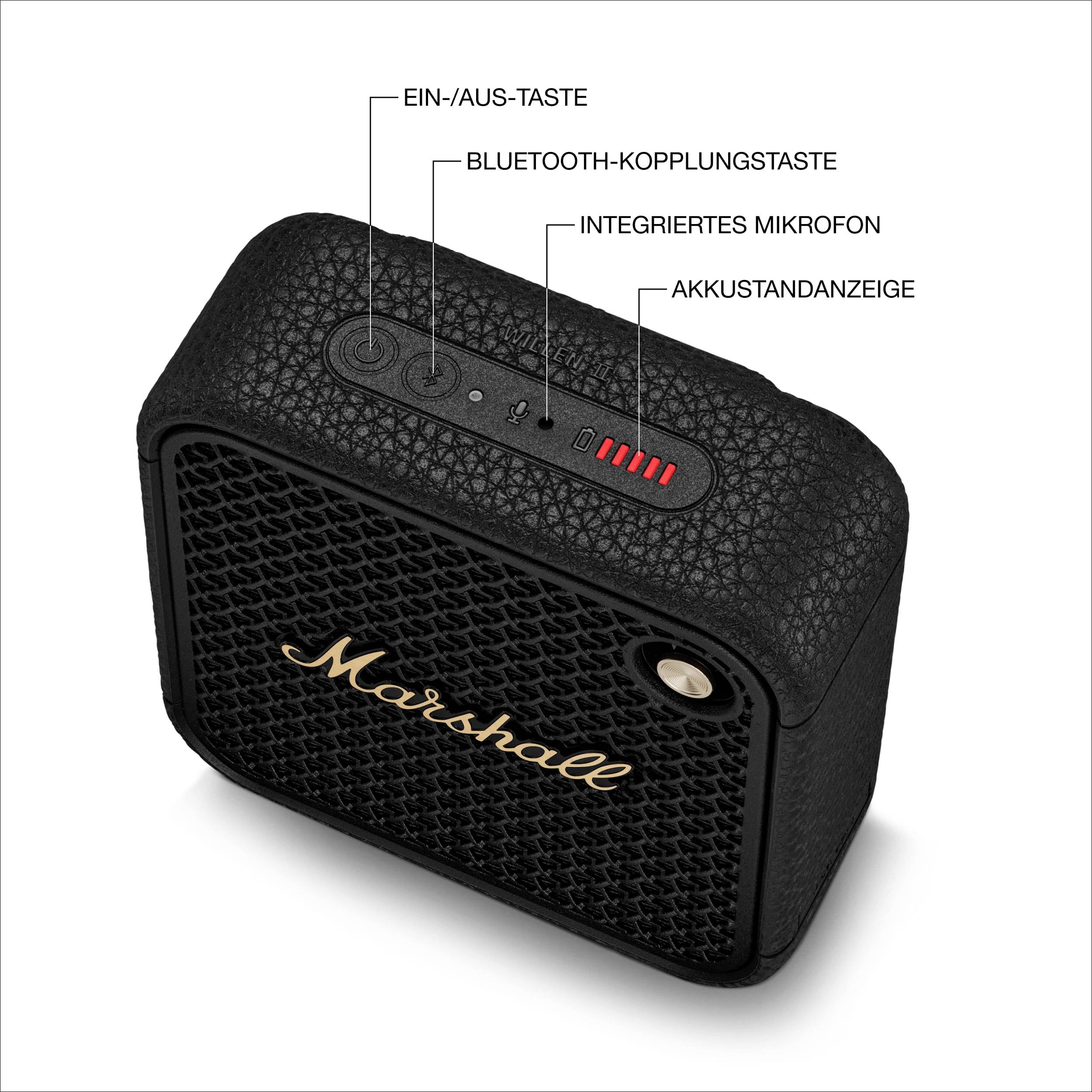 Sort bærbar højtaler med læder-look, foroven er tænd/sluk-knap, Bluetooth-forbindelsesknap, mikrofon og batteriniveauindikator.