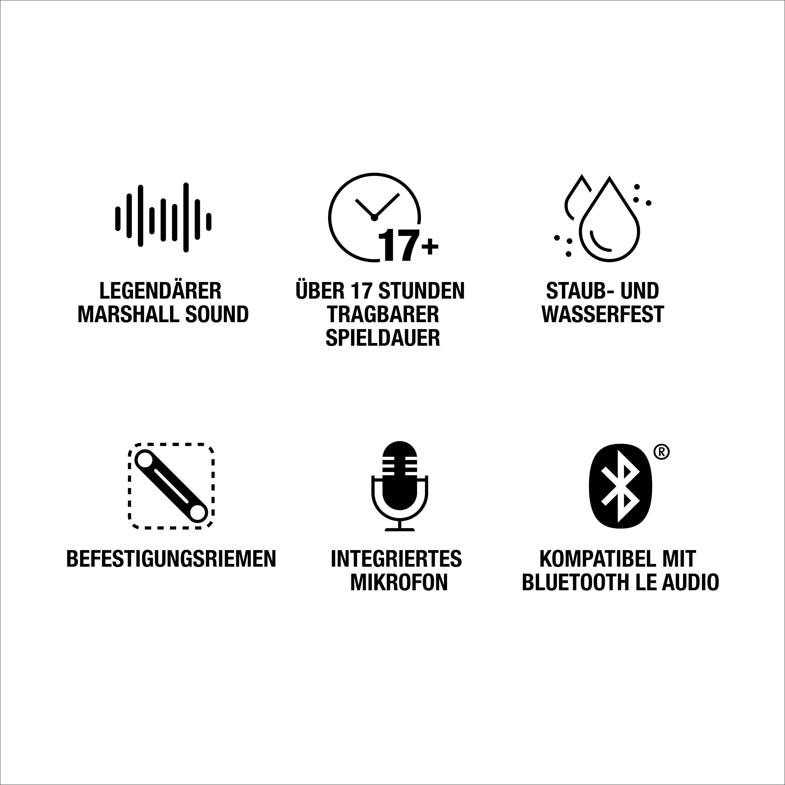 'Legendarisk Marshall-lyd, over 17 timers spilletid, støv- og vandtæt, medfølgende bærestrop, integreret mikrofon, kompatibel med Bluetooth LE Audio.'