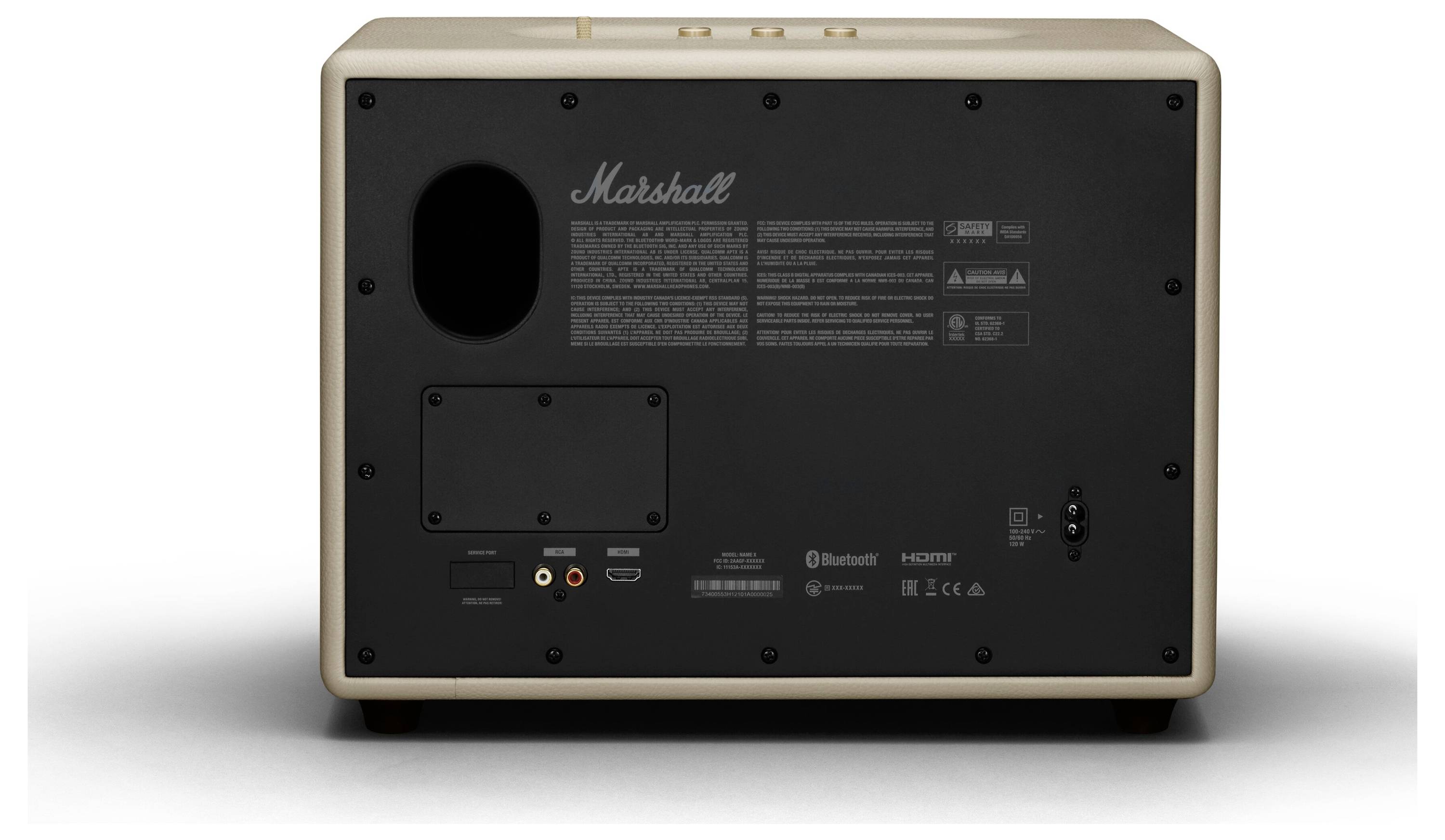 Bagsiden af en højttaler med tilslutninger og mærkelogo, inklusive HDMI- og Bluetooth-symboler, på en beige baggrund.