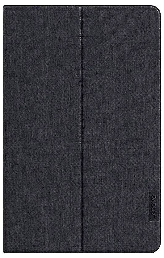 Et sort, struktureret cover, designet til en enhed, lukket og vist lodret. Mærkenavnet 'Lenovo' er diskret præget på siden.