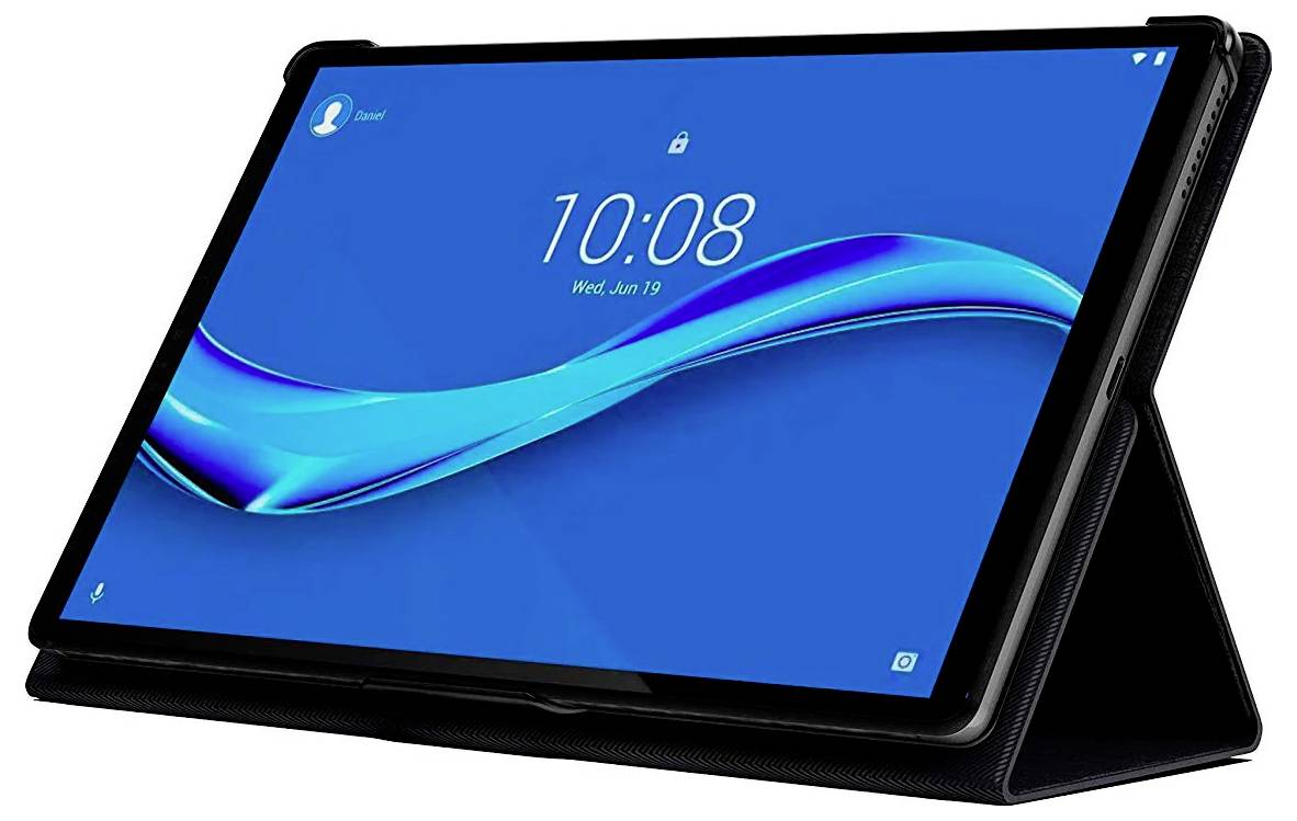 En tablet, der viser en blå skærm med tidspunktet '10:08' og datoen 'Ons, Jun 19'. Den er understøttet af et etui og set fra en skrå vinkel.