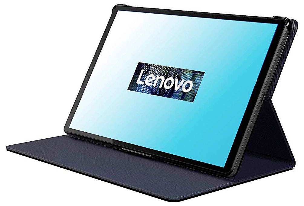 En tablet med et etui står åben og viser en skærm med blå baggrund og ordet 'Lenovo' i midten.
