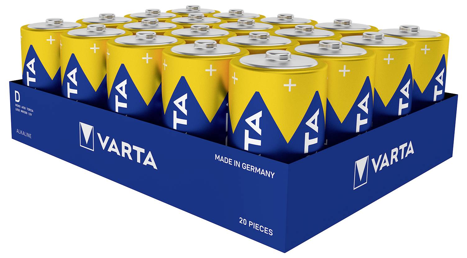 Pakke med 20 gule og blå Varta D-batterier, mærket med 'Made in Germany'.
