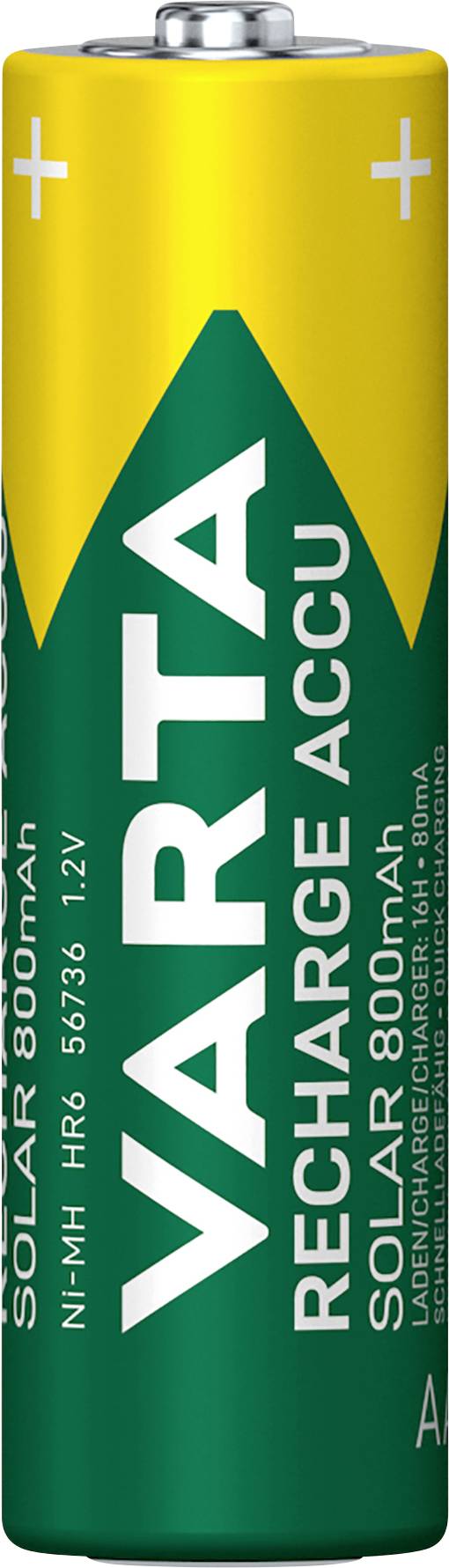 Batteri med gul-grønt design, mærke 'VARTA', type 'RECHARGE ACCU', NiMH, 800mAh, 1,2V. Foroven er plus- og minussymboler.
