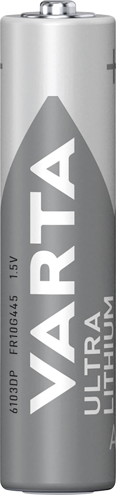 Batteri fra mærket Varta med påskriften 'Ultra Lithium', sølvfarvet kabinet, typisk formfaktor for AA-batterier.