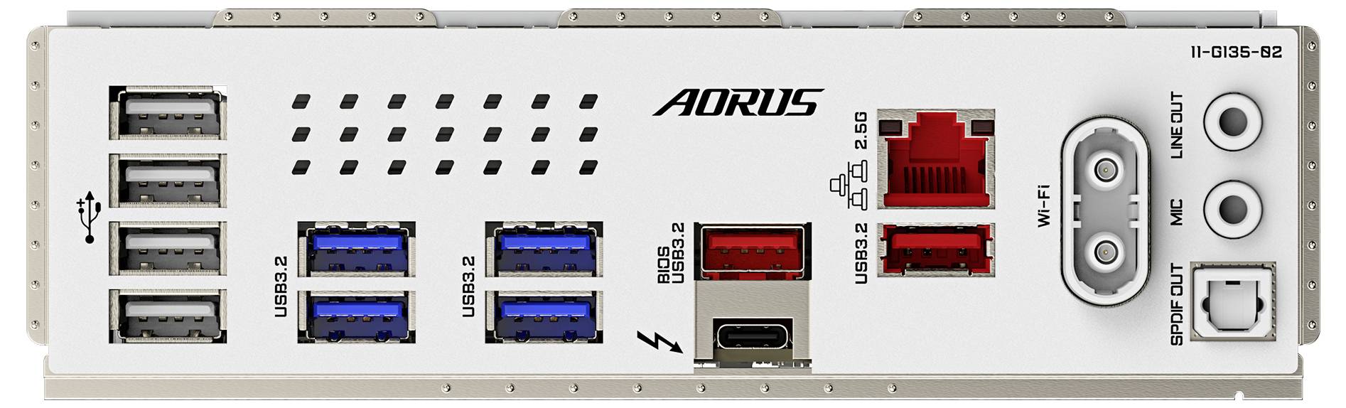 Bagsiden af et computer-bundkort med USB-porte, Ethernet, HDMI og lydindgange, markeret med 'AORUS'.