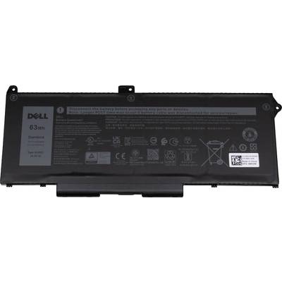 Sort laptop-batteri med påskriften 'Dell 63 Wh', tekniske symboler og specifikationer.