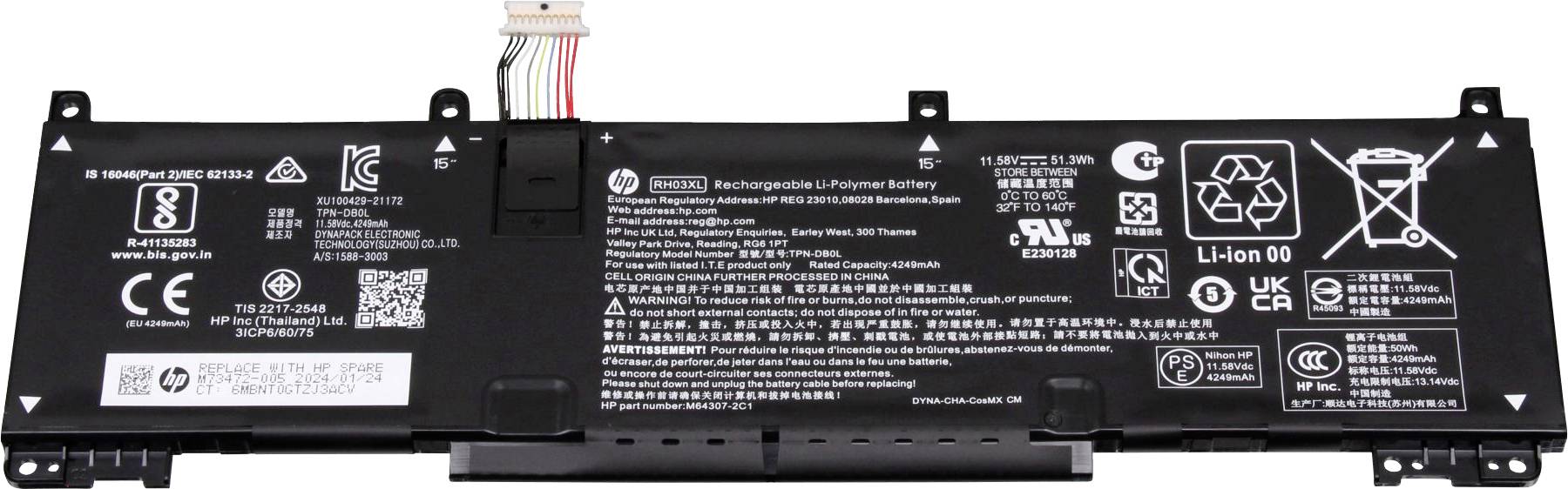 Bærbar computer-batteri med flere sikkerhedssymboler og opladningsinformationer på overfladen, herunder Li-Ion-symbol og genbrugsinstruktioner.