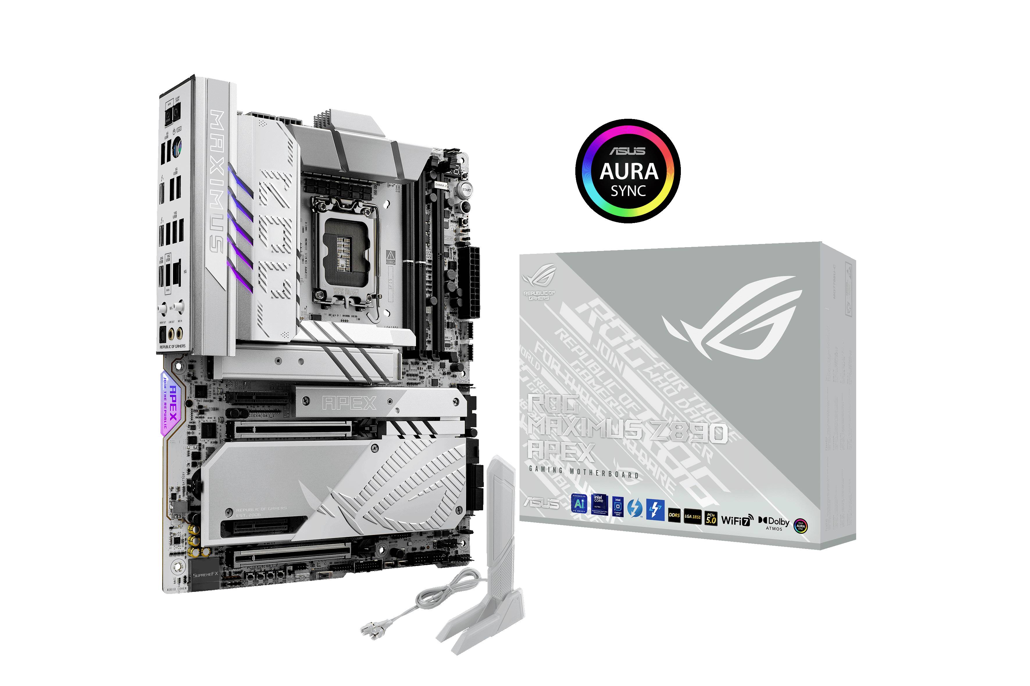 Et hvidt-gråt ASUS-bundkort ved siden af den tilhørende emballage. I baggrunden ASUS AURA SYNC logoet.