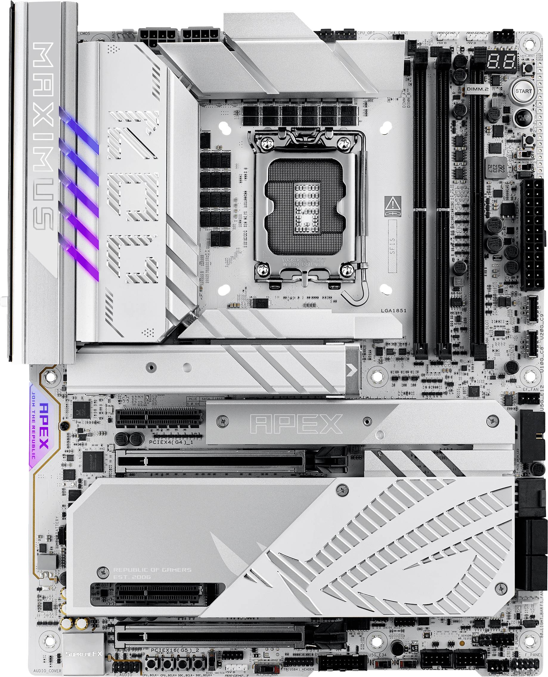 Computermainboard med flere tilslutninger og stik, herunder RAM-slots og CPU-sokkel, med sølv- og violette designelementer.