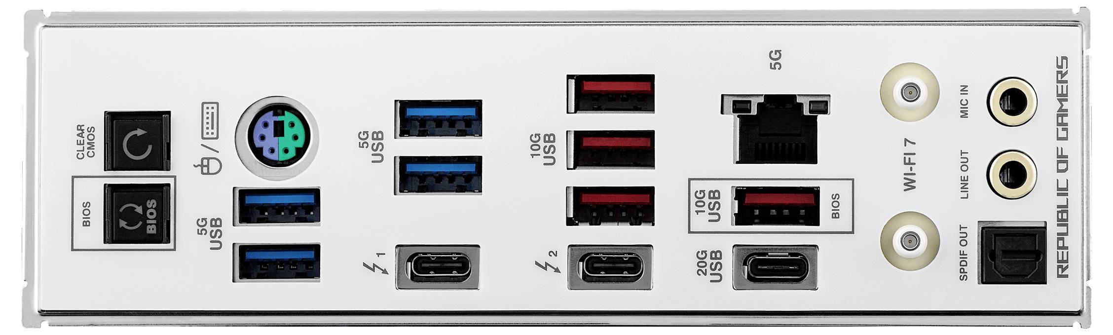 Bagsiden af et computer-bundkort med stik: USB, Ethernet, HDMI, lyd og mere. Varemærkenavn til højre. Velegnet til gaming-pc'er.