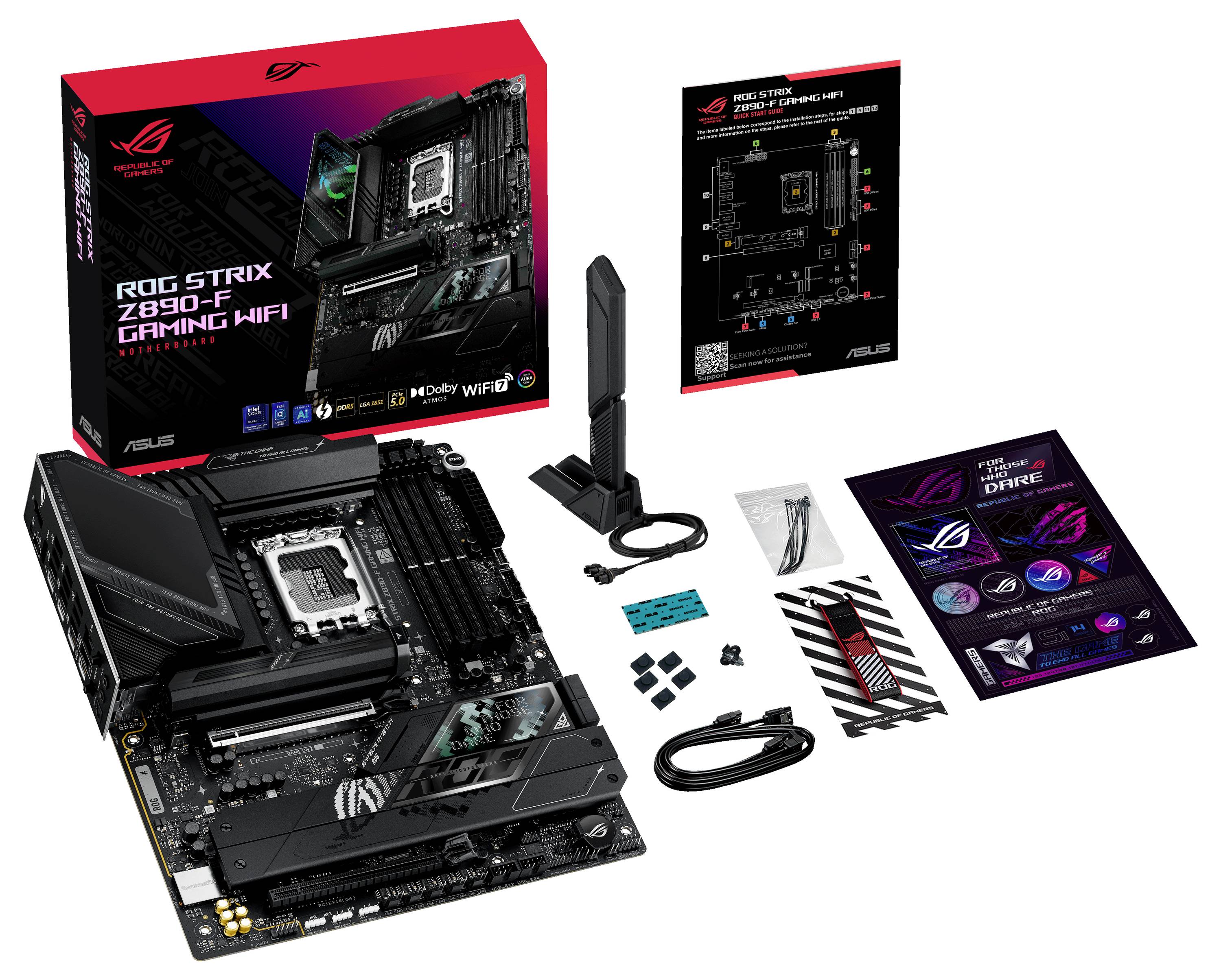 Et ASUS ROG STRIX Z690-F GAMING WIFI bundkort med tilbehør, herunder WLAN-antenne, kabler og vejledninger, foran dets emballageæske.