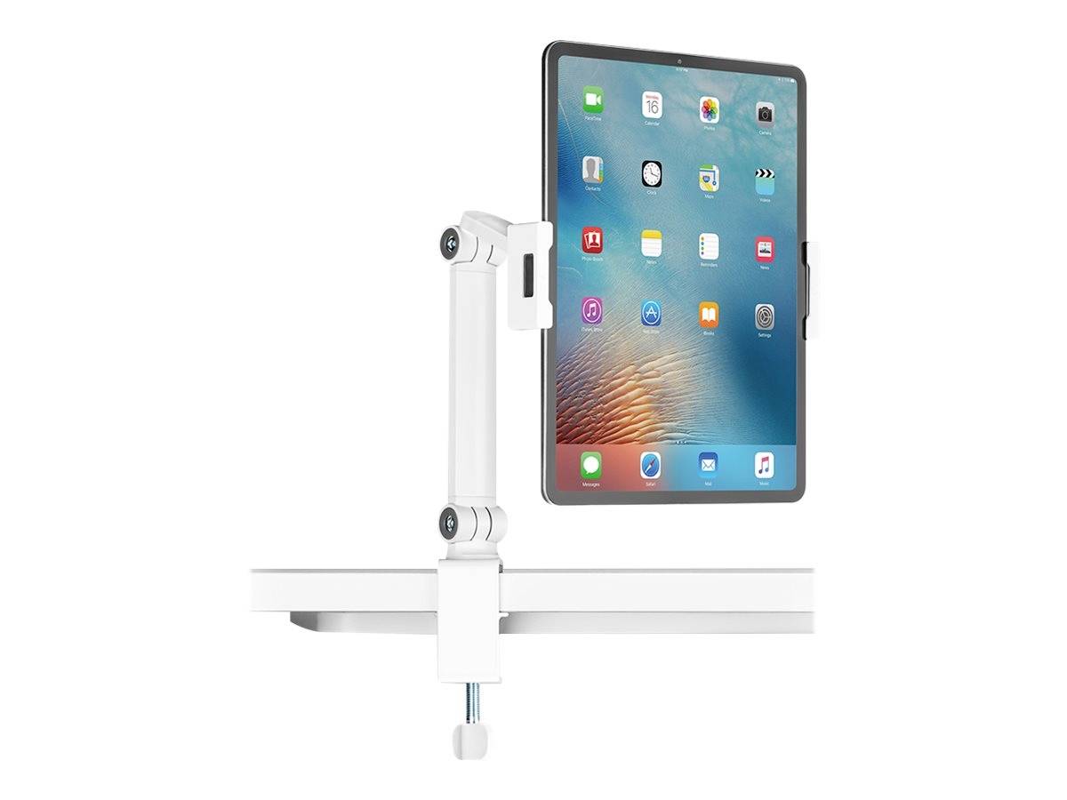 Tablet-holder i metal, monteret på bordet. Holderen kan justeres, holder tablets sikkert og muliggør betjening uden brug af hænder.