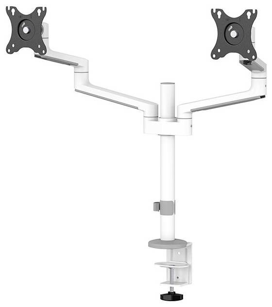 Dobbelt metalmonitorarm med to justerbare arme, bordklemme forneden, egnet til to skærme.