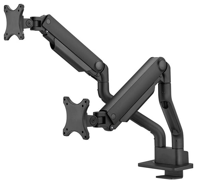To monitors med sorte, justerbare monitorarme i metal, monteret på en bordstanderen, beregnet til samtidig fastgørelse af to skærme.