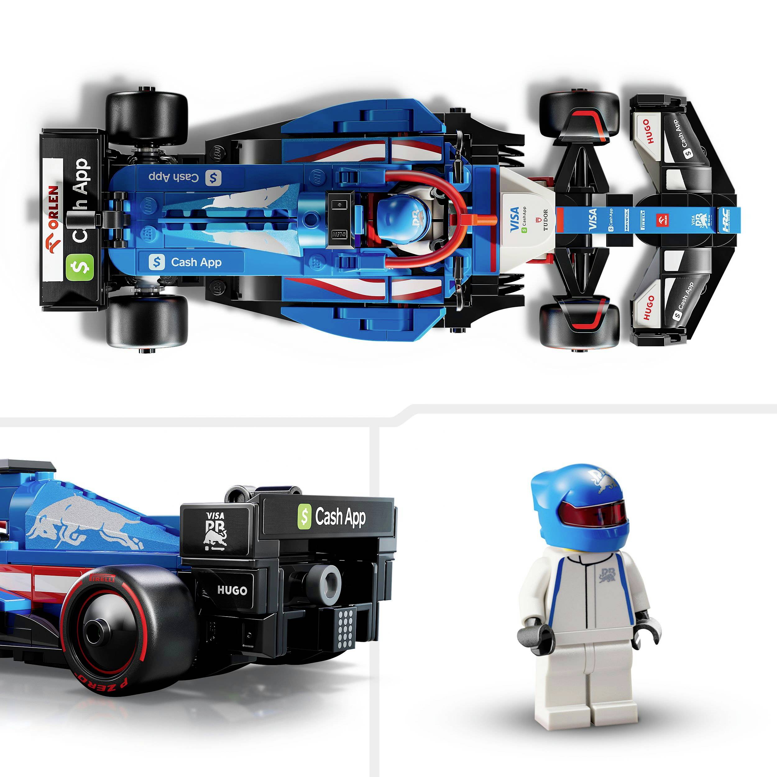 En blå-hvid Formel 1-bil med sponsorlogoer og en blå hjelm står ved siden af en Lego-figur.