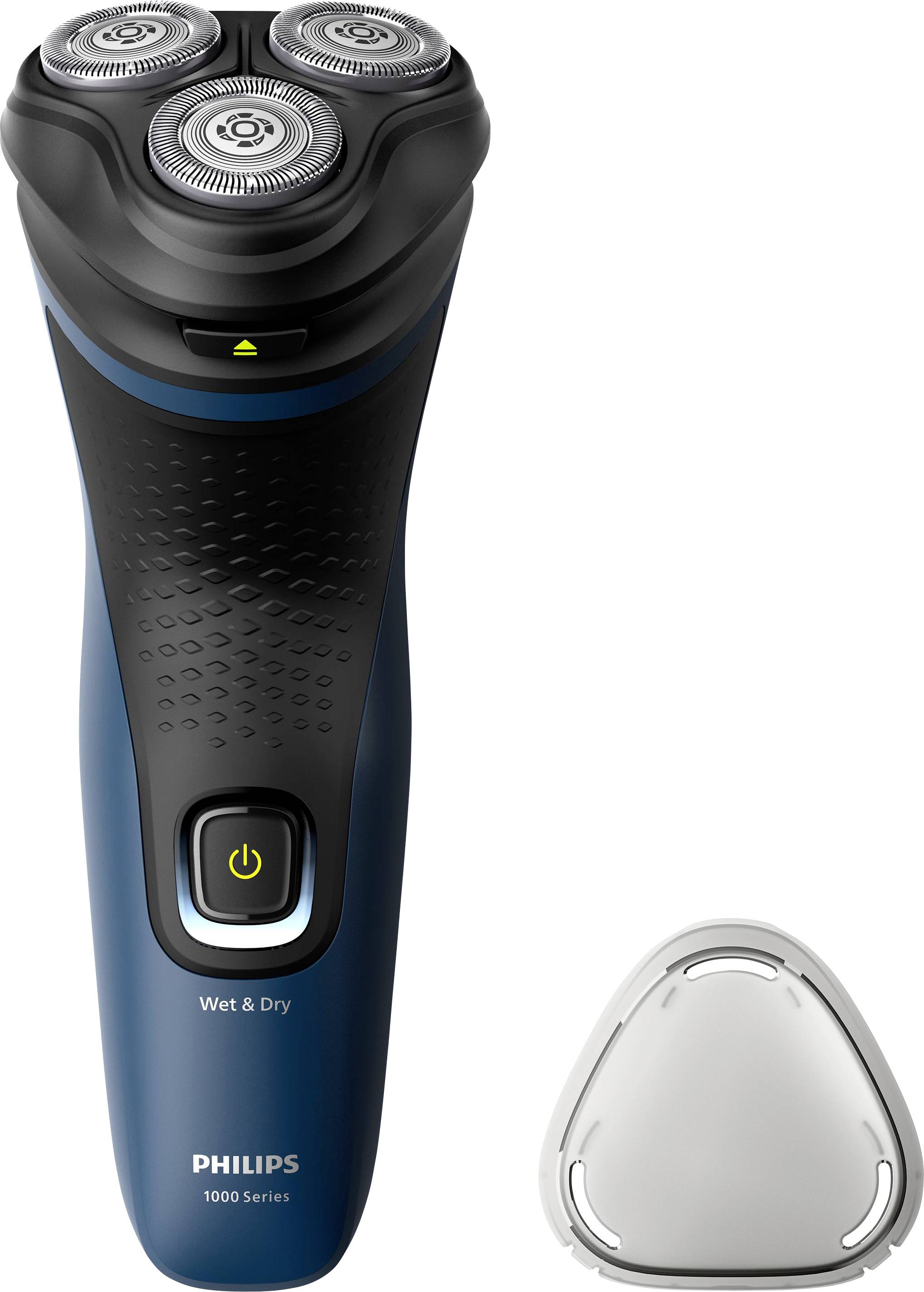 Elektrisk barbermaskine med tre roterende blade, blå-sort, mærke Philips. Ved siden af enheden ligger et aftageligt skærehovedcover.