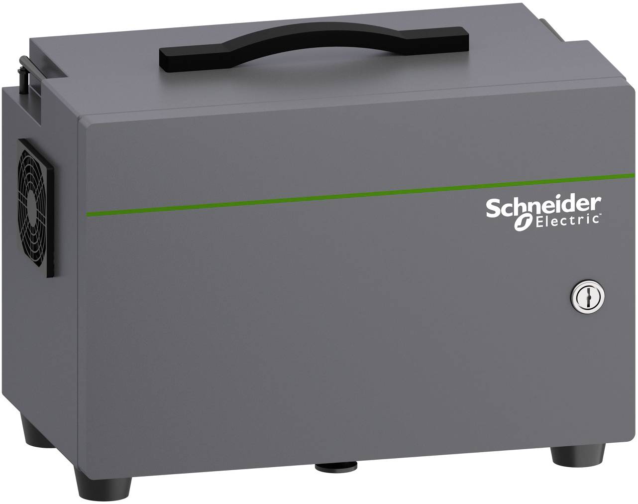 Gråt metalgehuse fra Schneider Electric med ventilator og aflåseligt nøglehul, egnet til industrielle anvendelser.