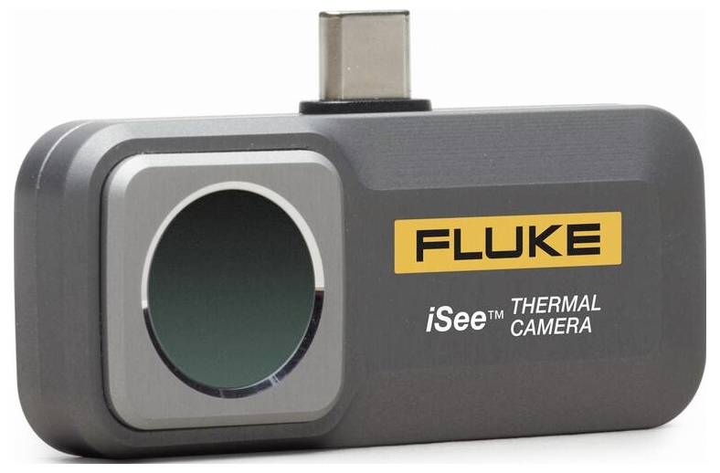 Kompakt varmebilledkamera med USB-C-stik og påskriften 'Fluke iSee Termisk Kamera'. Ideel til mobil varmeledelsesstyring.