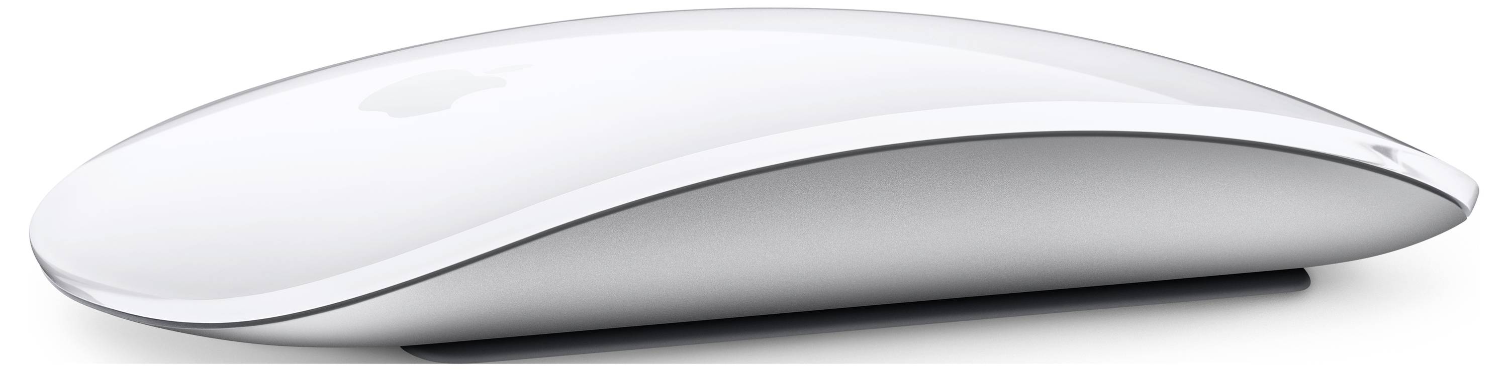 En hvid, trådløs computermuse med afrundede kanter og minimalistisk design på hvid baggrund.