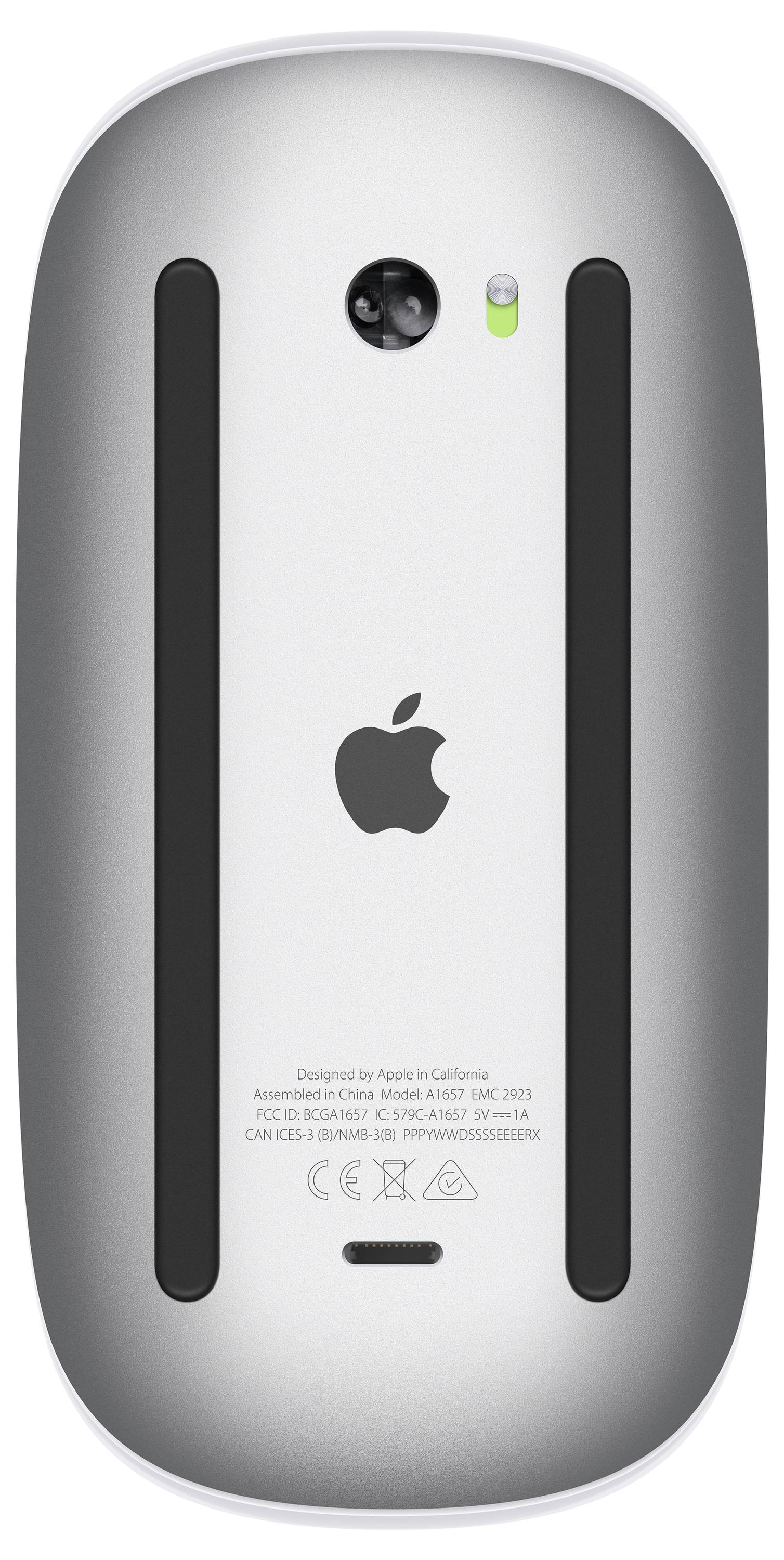 Grå computermuse set forfra, med to sorte glideplader, Apple-logoet i midten og tekst med tekniske specifikationer nedenunder.