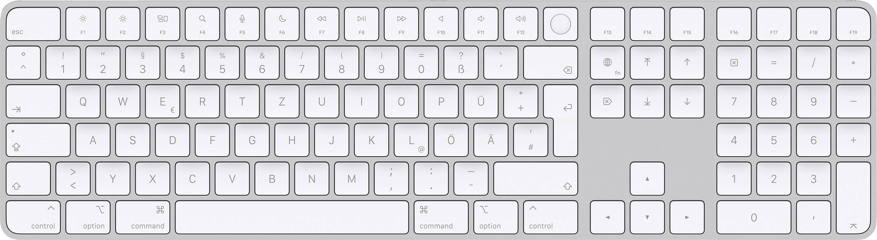 Et hvidt computertastatur med standardlayout: alfanumeriske taster, funktionstastrækken øverst og et numerisk tastatur til højre.