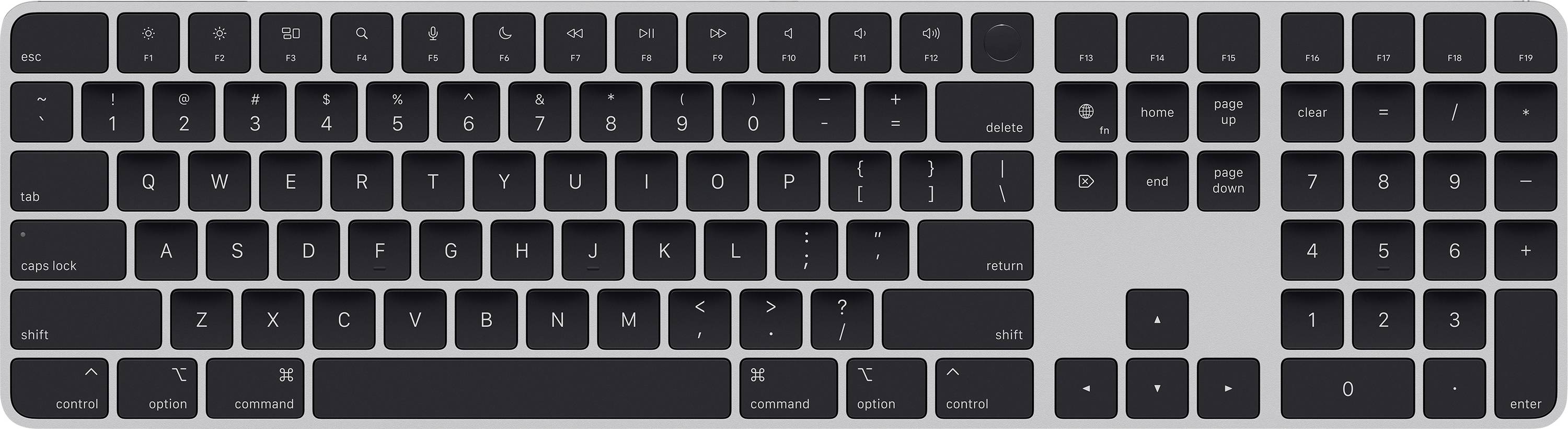 Sort computertastatur med tysk layout; omfatter numerisk tastatur, funktionstaster og piletaster på grå baggrund.