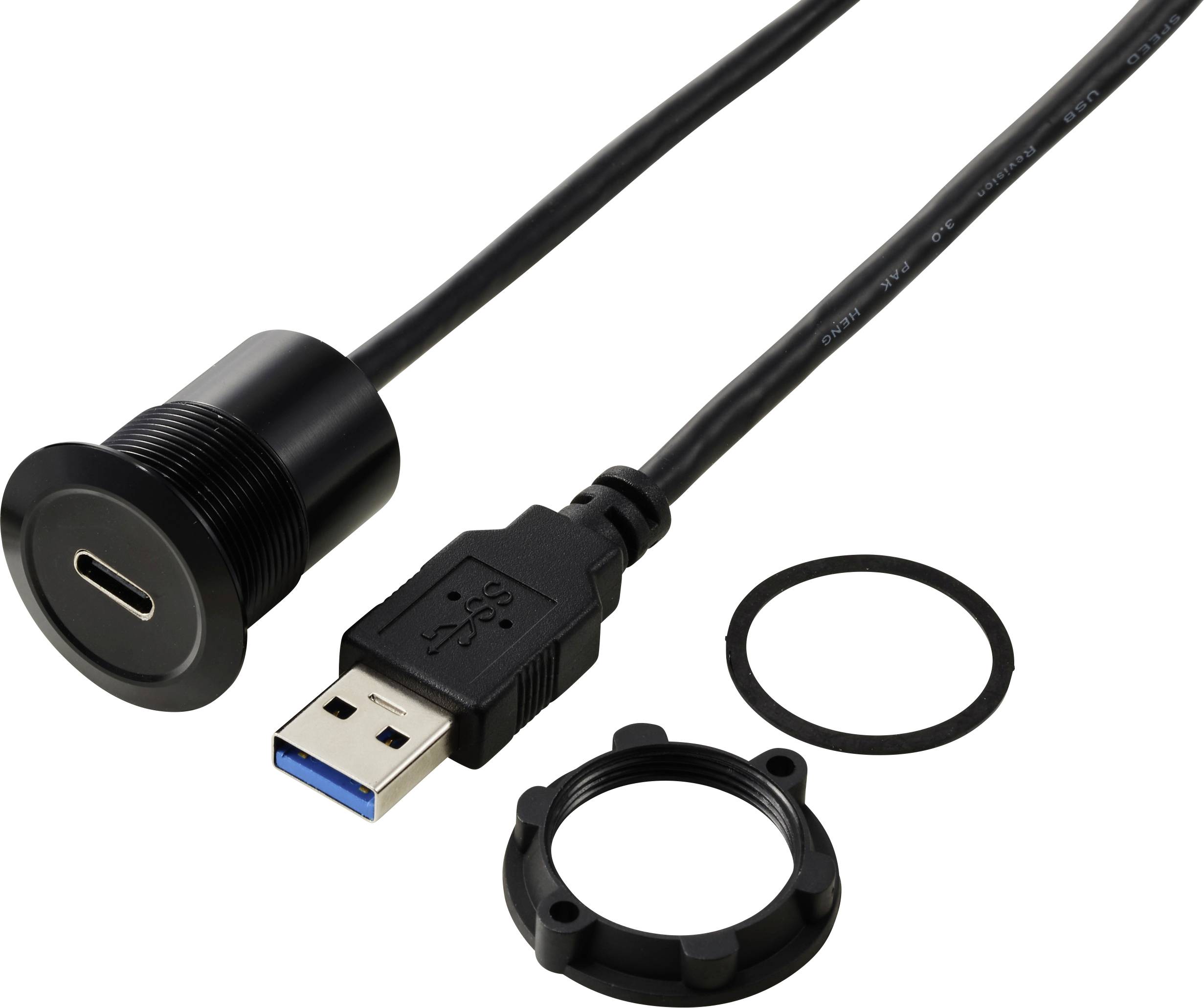 USB-C-panelstik med USB-A-stik, rundmontering og tætningsring, egnet til brug i elektroniske installationer.