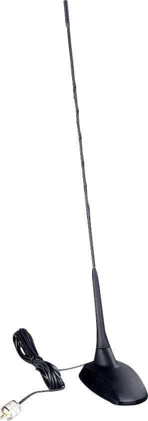 'Sort bilantenne med kabel, stående lodret.'
