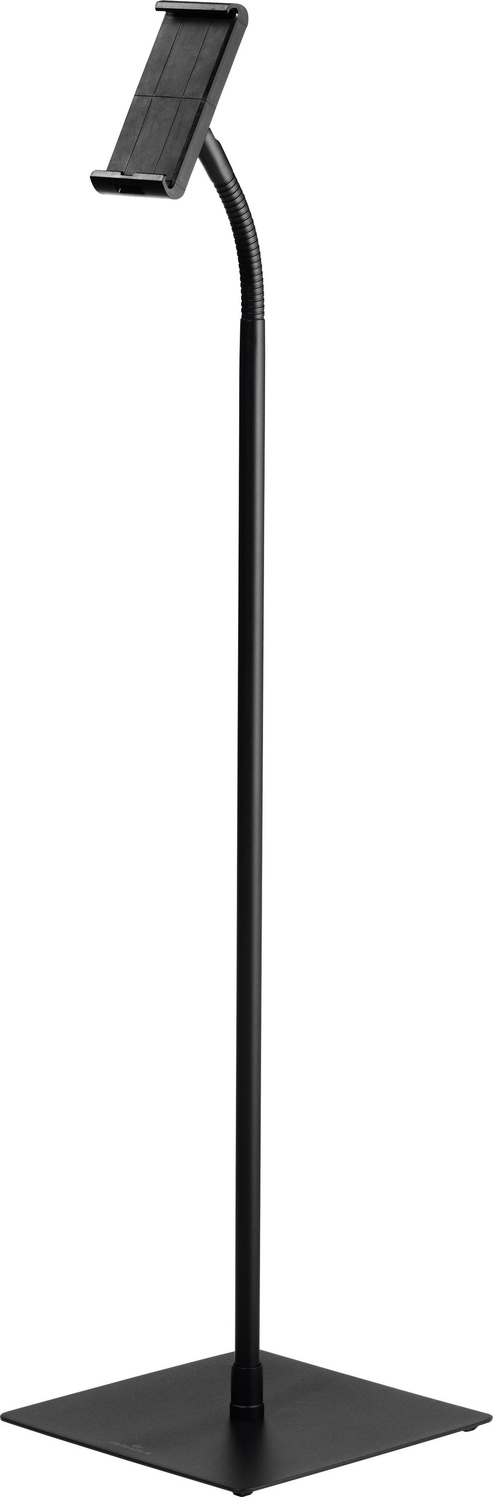 En sort holder med rektangulær base og justerbar hals, som foroven har en tablet-holder. Ideel til hændefri arbejde.