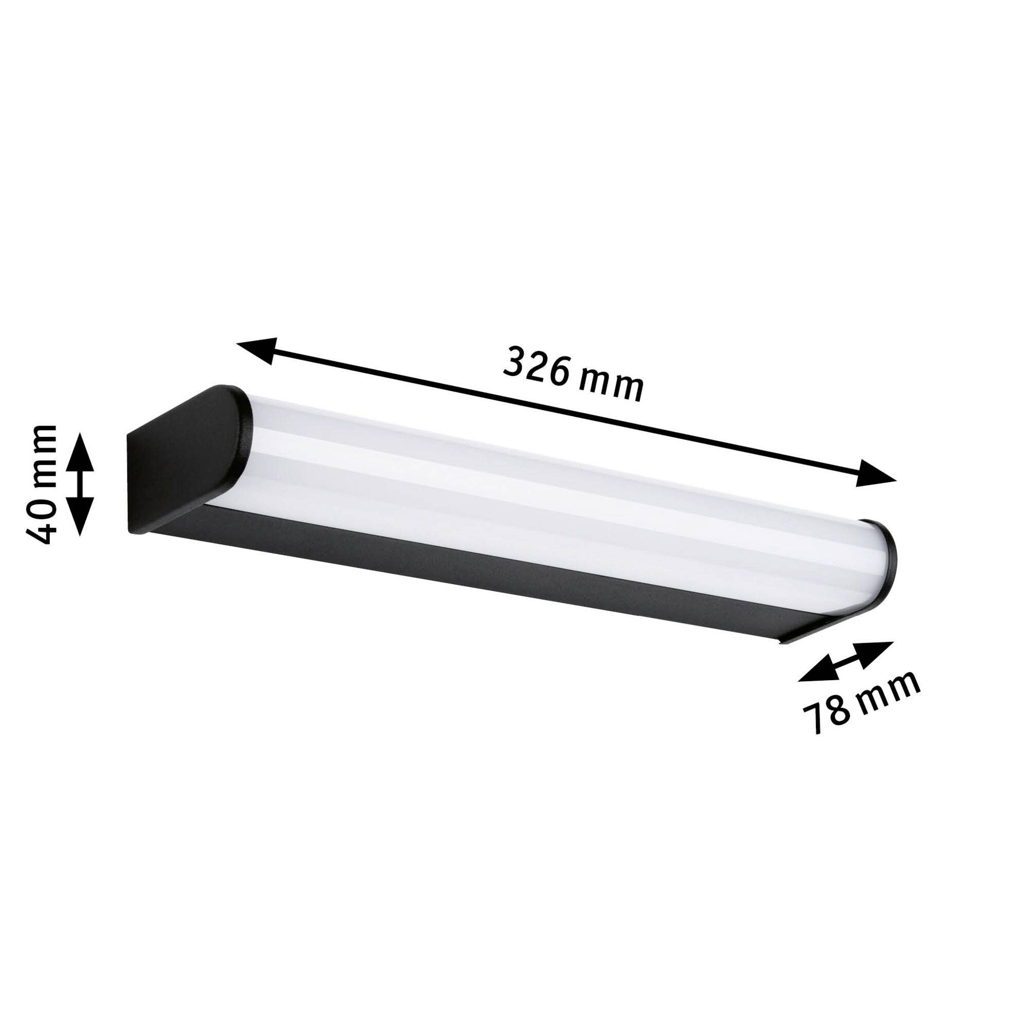 Sort LED-armatur, rektangulær, vægmonteret. Mål: 326 mm lang, 40 mm høj, 78 mm dyb.