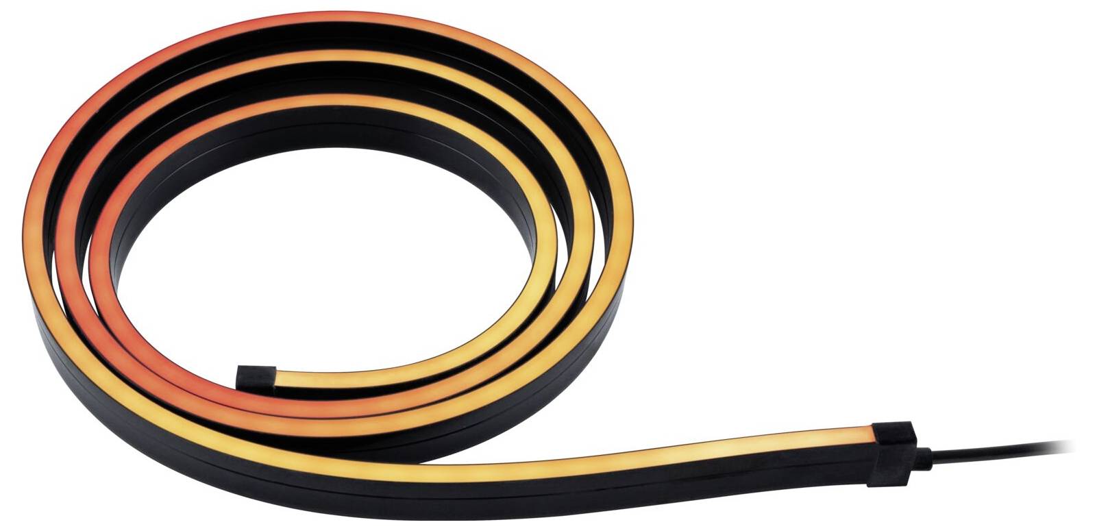 Et neonfarvet LED-lysende stribe, der går fra gul til orange i en spiralformet arrangering.