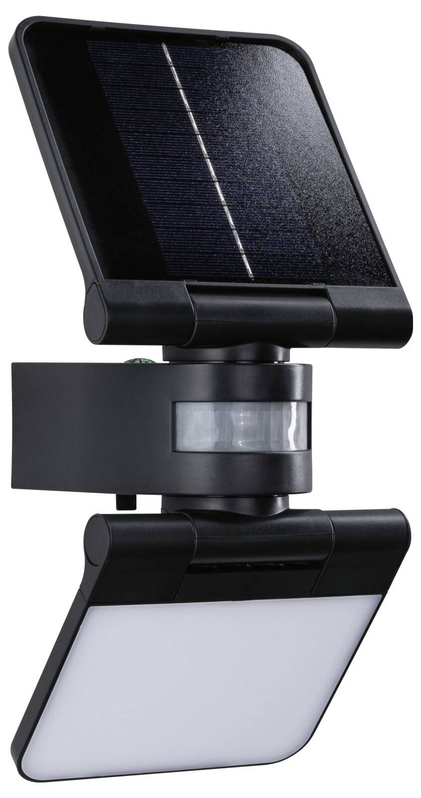 En solcelledrevet væglampe med integreret bevægelsessensor og rektangulært solarmodul. Perfekt til udendørsbelysning.