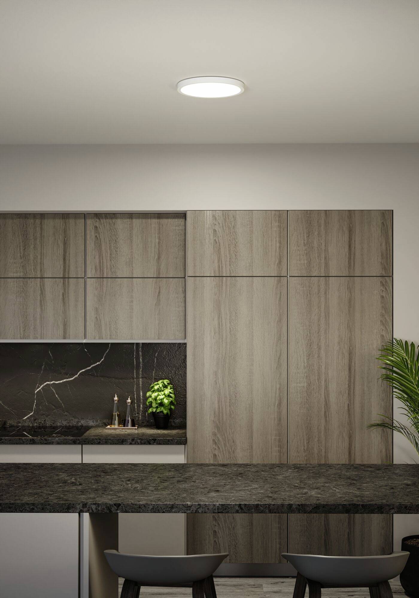 Køkken med trætræskabinetter, mørk bordplade, oplyste loftslamper og grøn plante på disken. Moderne og minimalistisk design.