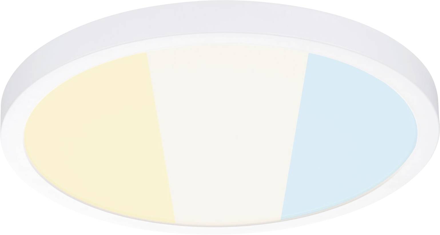 Loftslampe med rund, flad form og tre ensartede segmenter i varmt hvidt, neutralt hvidt og koldt hvidt lys.