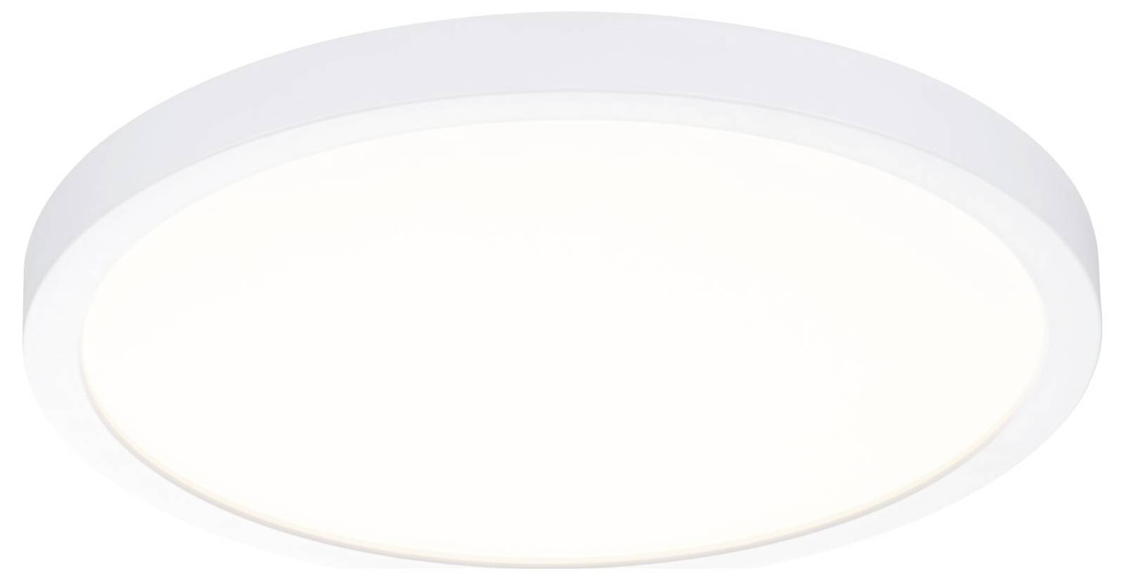 Rund loftslampe med hvid ramme og diffust lysende overflade. Lampen udsender blidt, ensartet lys.