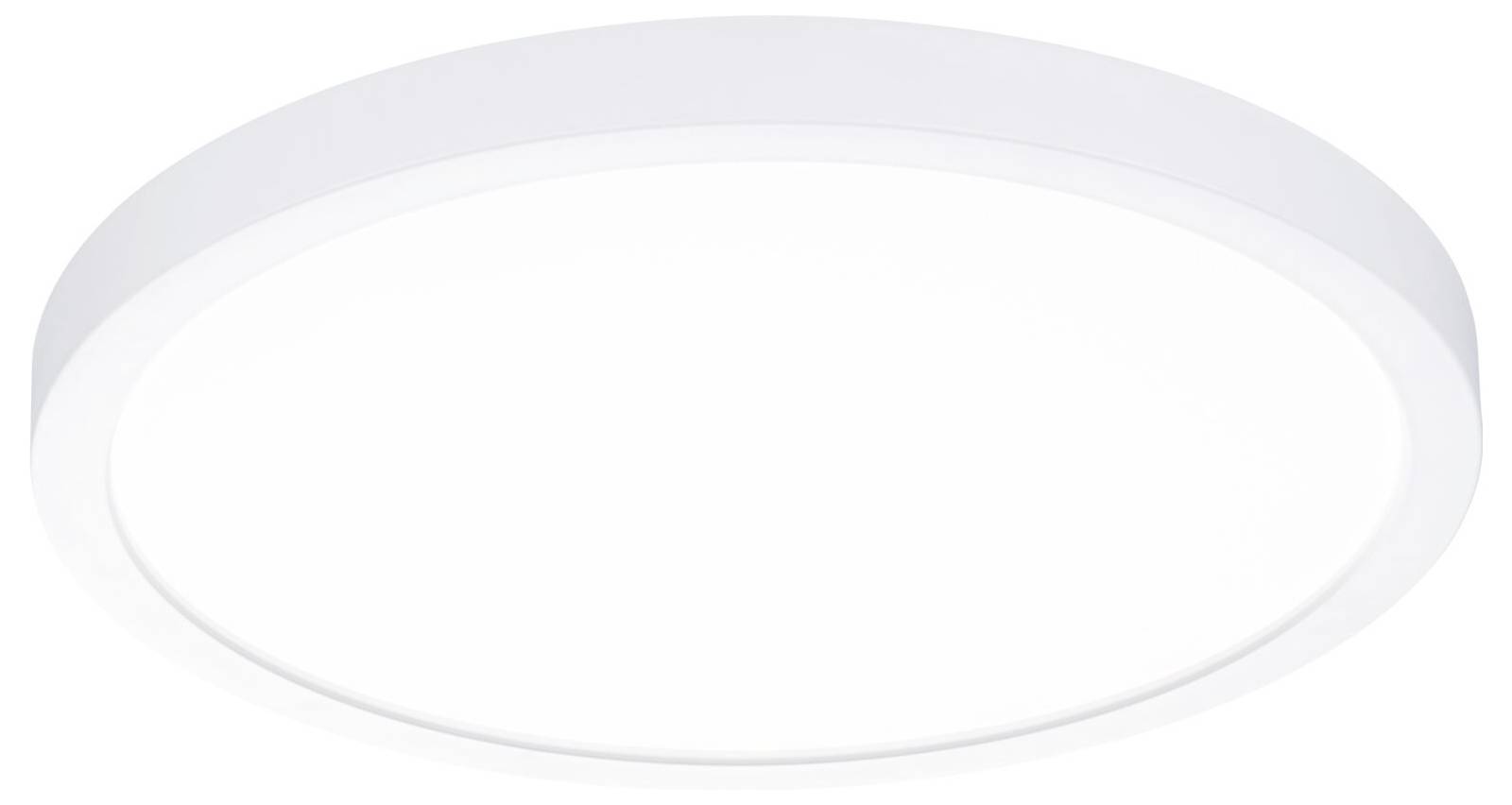 Rund, flad loftslampe med hvid kant og diffus overflade for ensartet lysfordeling. Moderne, enkelt design.