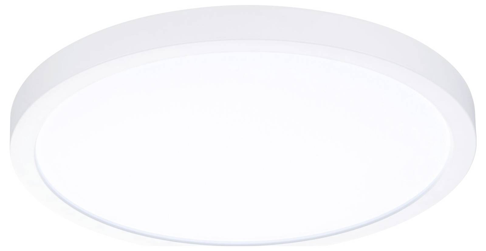 Hvid, rund LED-loftslampe med flad profil, ensartet lysudbredelse og enkelt, moderne design, velegnet til indendørs brug.