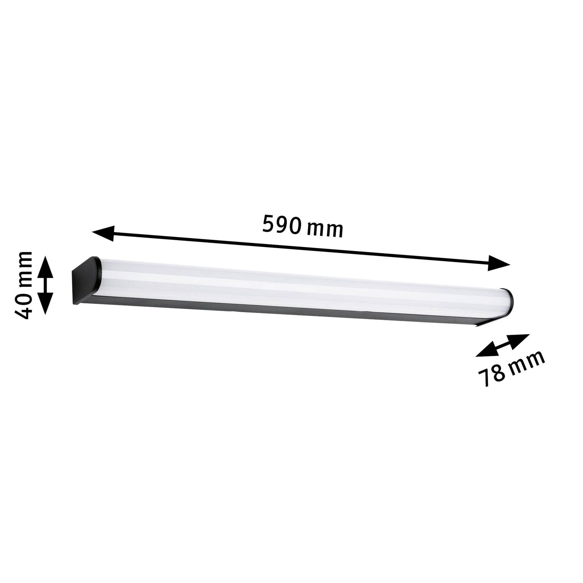 'Enkeltlampe: Længde 590 mm, bredde 78 mm, højde 40 mm. Enkelt, stangformet design, egnet til forskellige rum.'