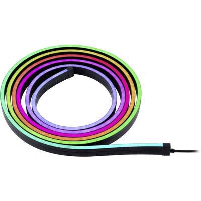 Et oprullet LED-lysbånd med flere farver, der lyser i striber: Rød, Gul, Grøn, Blå, Violet, Orange og Pink.
