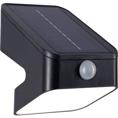 Sort solarlampe med bevægelsessensor og øverste solarpanel, velegnet til udendørsbelysning.