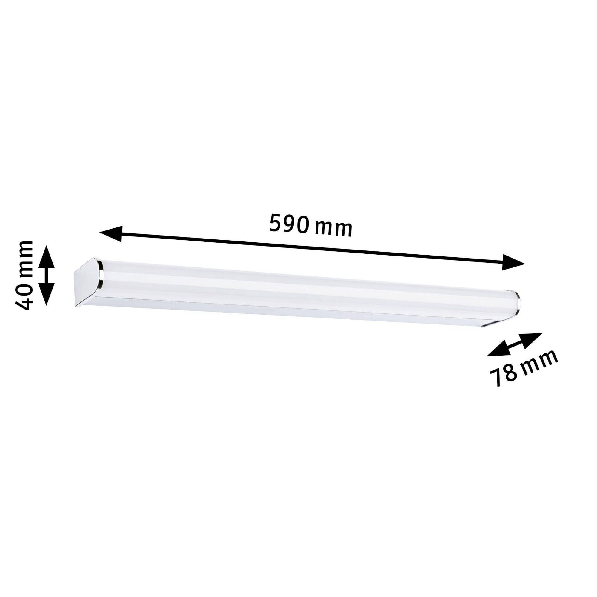 Hvid LED-lampe med dimensionerne 590 mm i længden, 40 mm i højden og 78 mm i bredden, illustreret ved sorte pile.