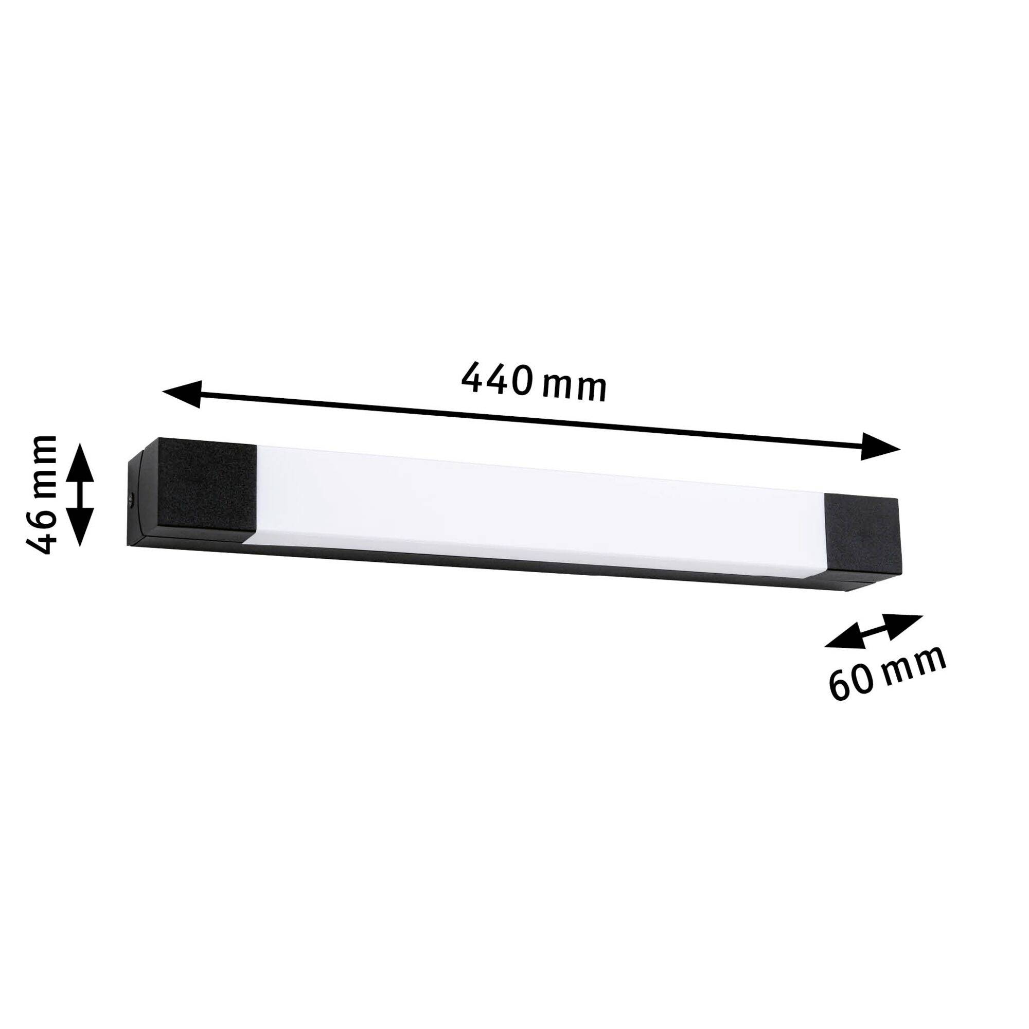 Hvid LED-armatur i rektangulær form, mål: 440 mm bred, 46 mm høj, 60 mm dyb.