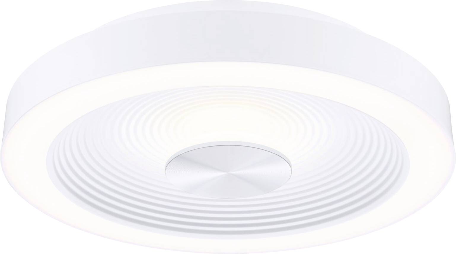En rund, hvid, moderne loftslampe med ringformet lysområde. Ideel til ensartet belysning af rum.