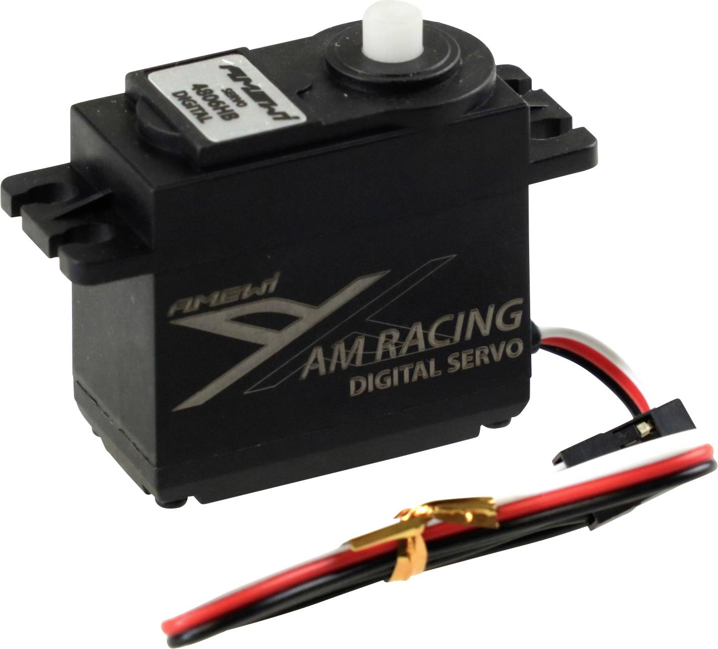 Sort digitalservo med påskriften 'AM Racing Digital Servo', hvid rund spids øverst, og trefarvet kabel (rød, sort, hvid).