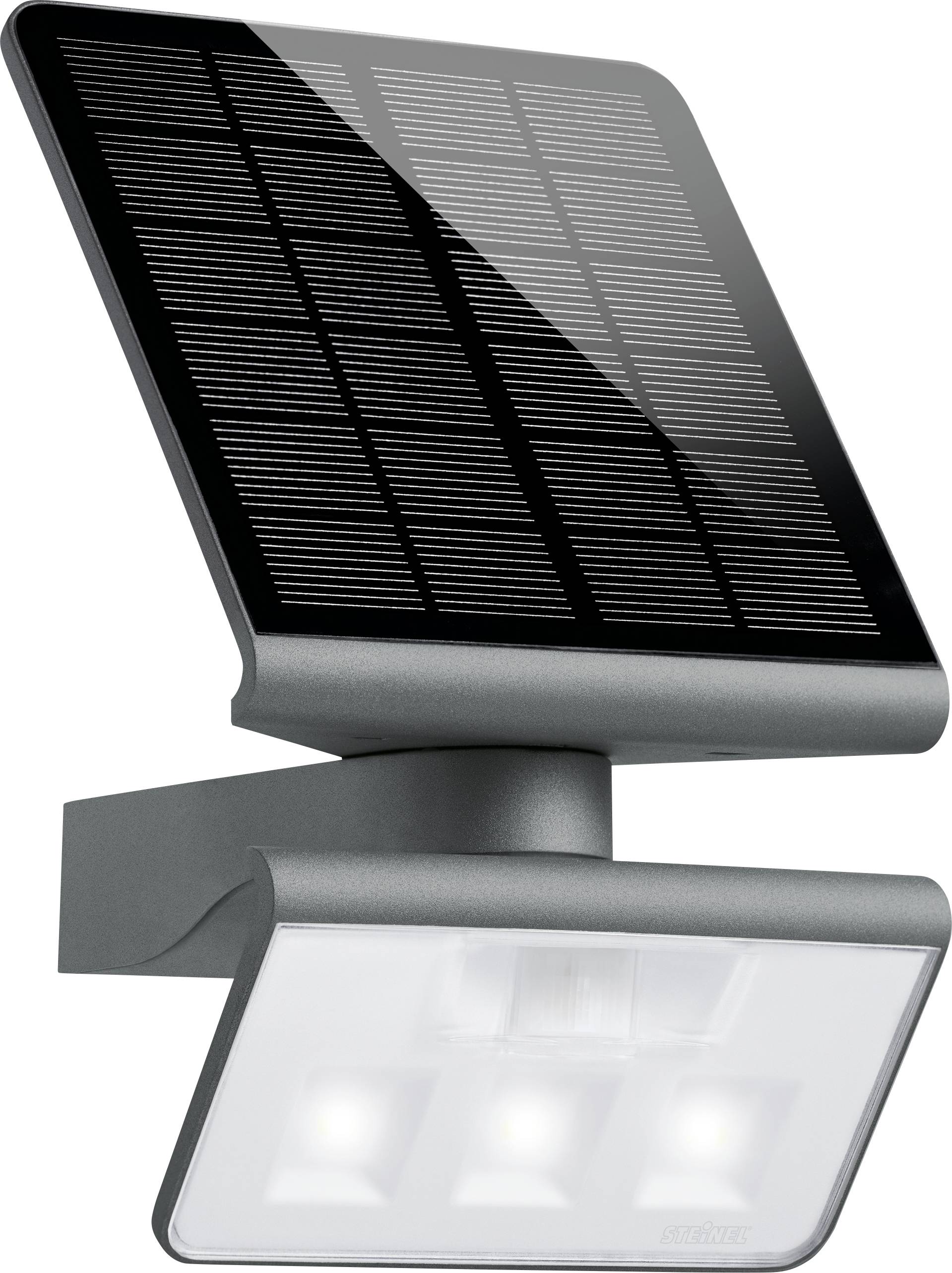 Udendørs solcelledrevet LED-sikkerhedslys med et vinklet solpanel på toppen og et bevægelsessensor-flutlys nedenunder.