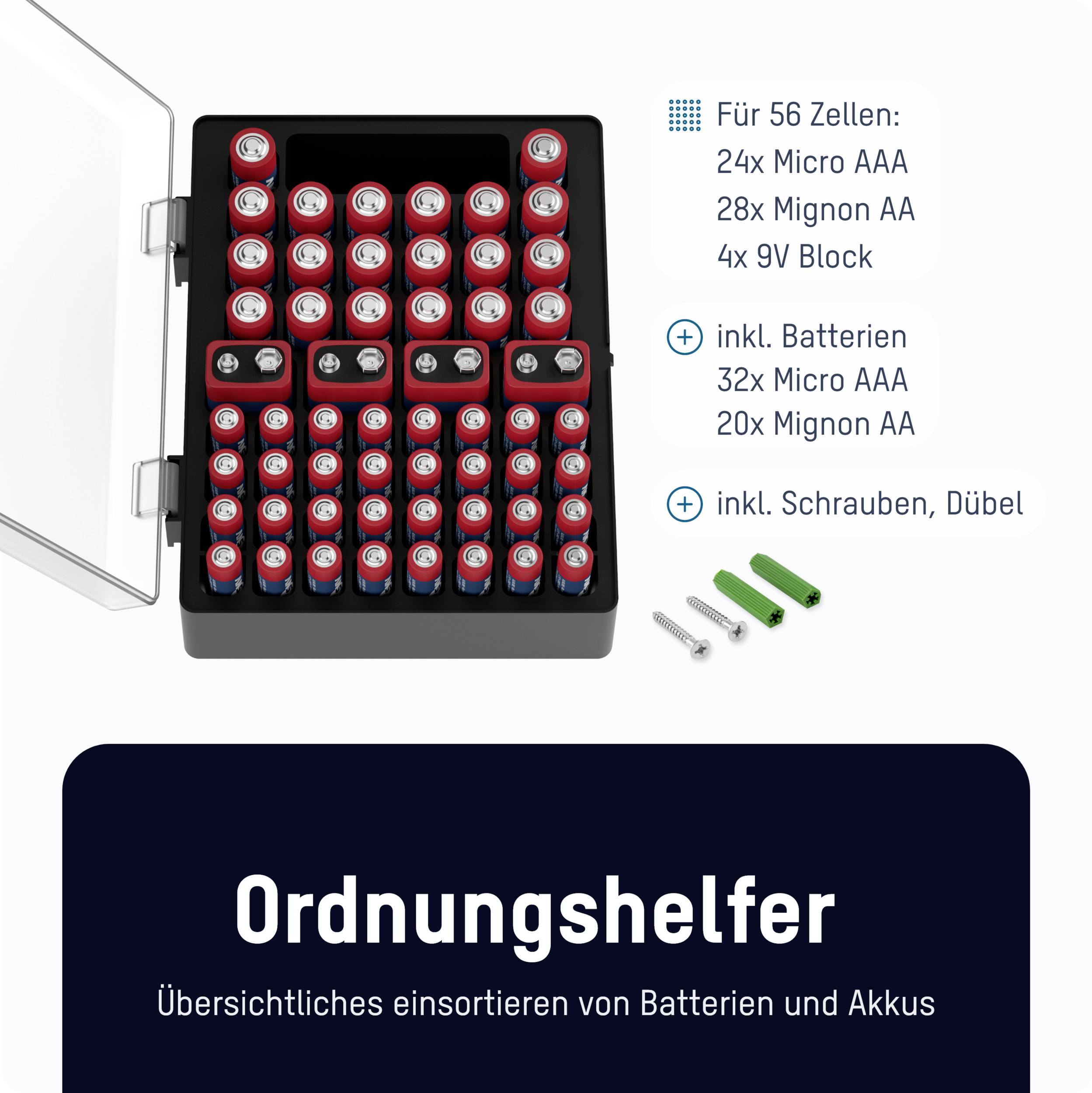 Batteriholder til AA- og Mignon-batterier, med plads til 56 batterier. Indeholder skruer og rawlplugs til montering.